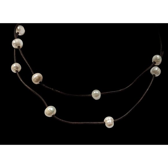 Elegant Bohemian Layered Pearl Studded Brown Leather Cord Necklace - Picture 3 of 5